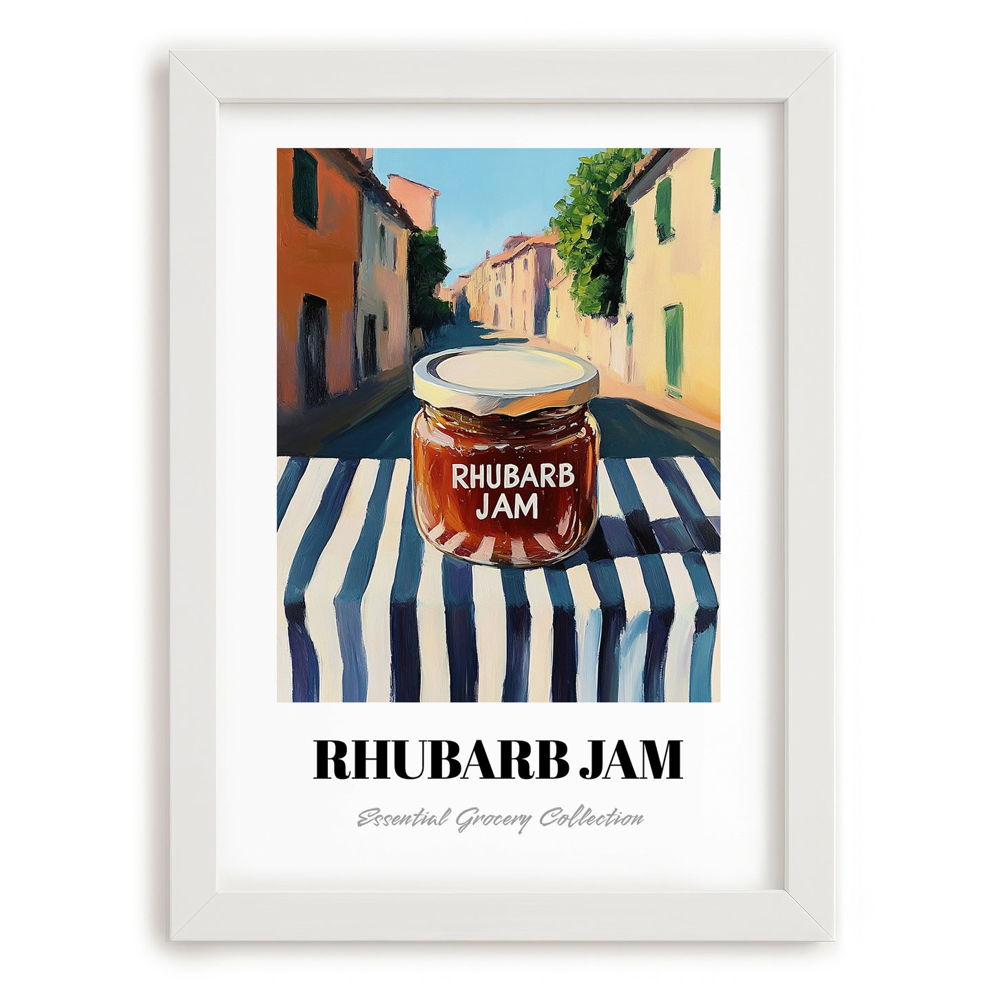 Rhubarb Jam – Italian Street Café Scene, Jam Wall Decor, placed in minimal white frame