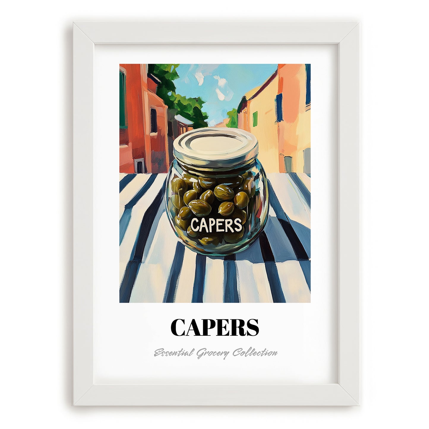 Capers – Italian Urban Café Scene, Canned Vegetables Painting, placed in minimal white frame
