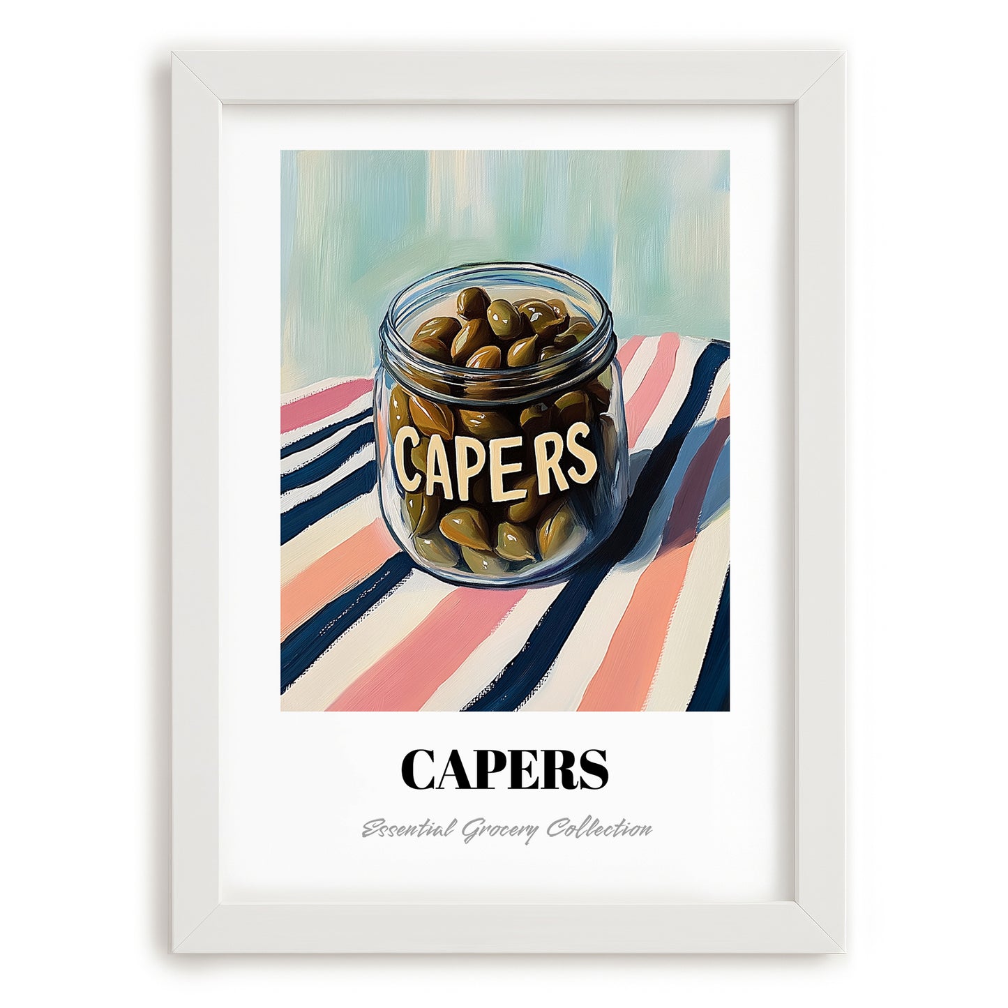 Capers – on Striped Tablecloth, Canned Vegetables Painting, placed in minimal white frame