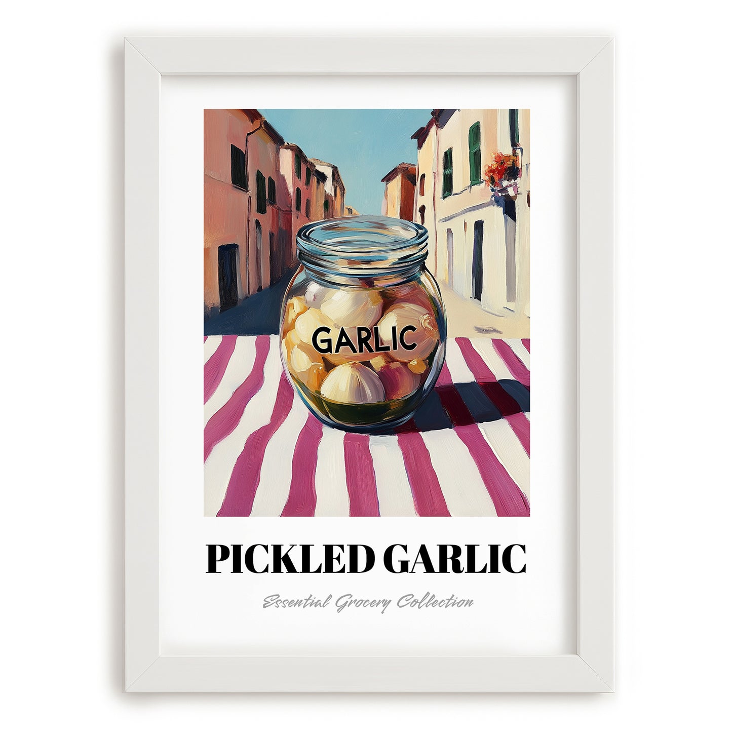 Pickled Garlic – Italian Urban Café Scene, Canned Vegetables Wall Decor, placed in minimal white frame