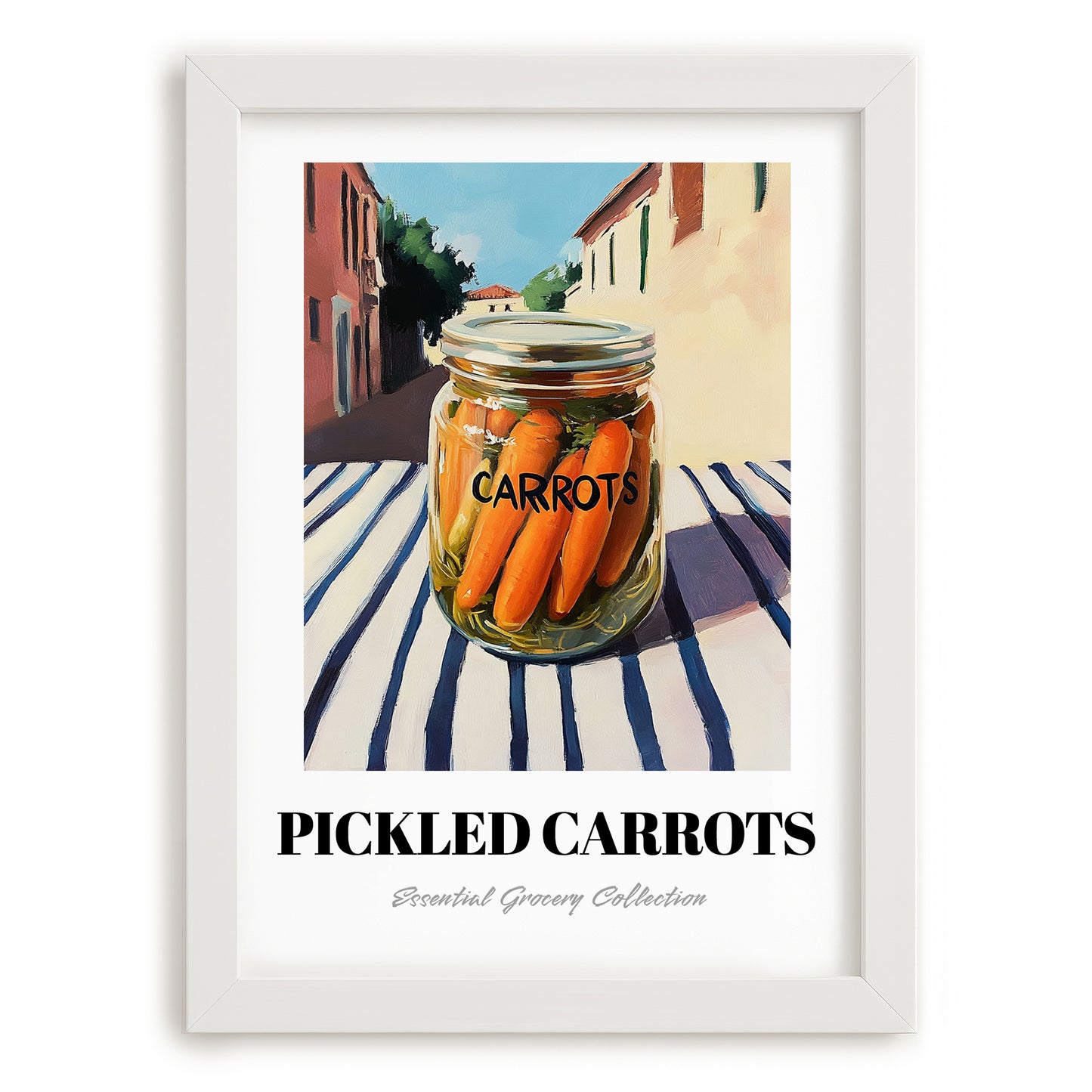 Pickled Carrots – Italian Urban Café Scene, Canned Vegetables Still Life, placed in minimal white frame
