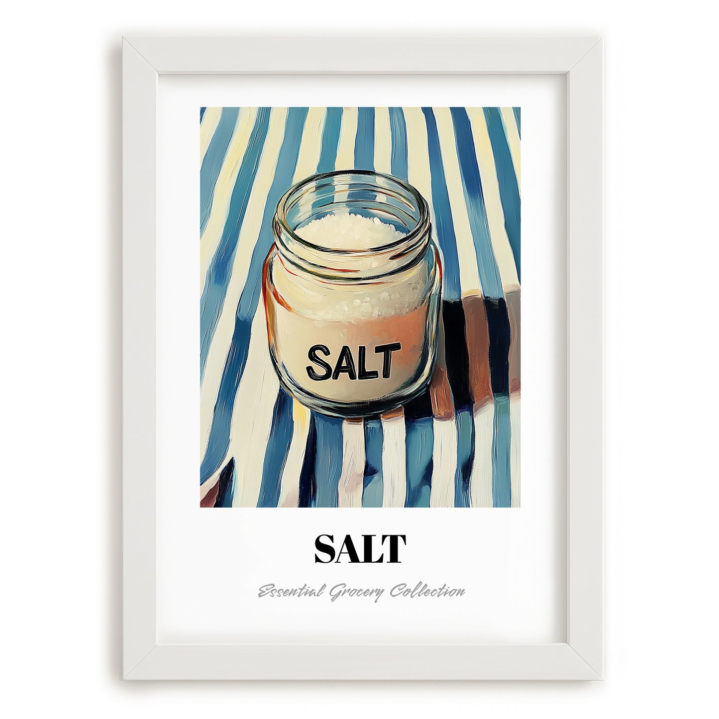 Salt – on Striped Tablecloth, Spices Art, placed in minimal white frame
