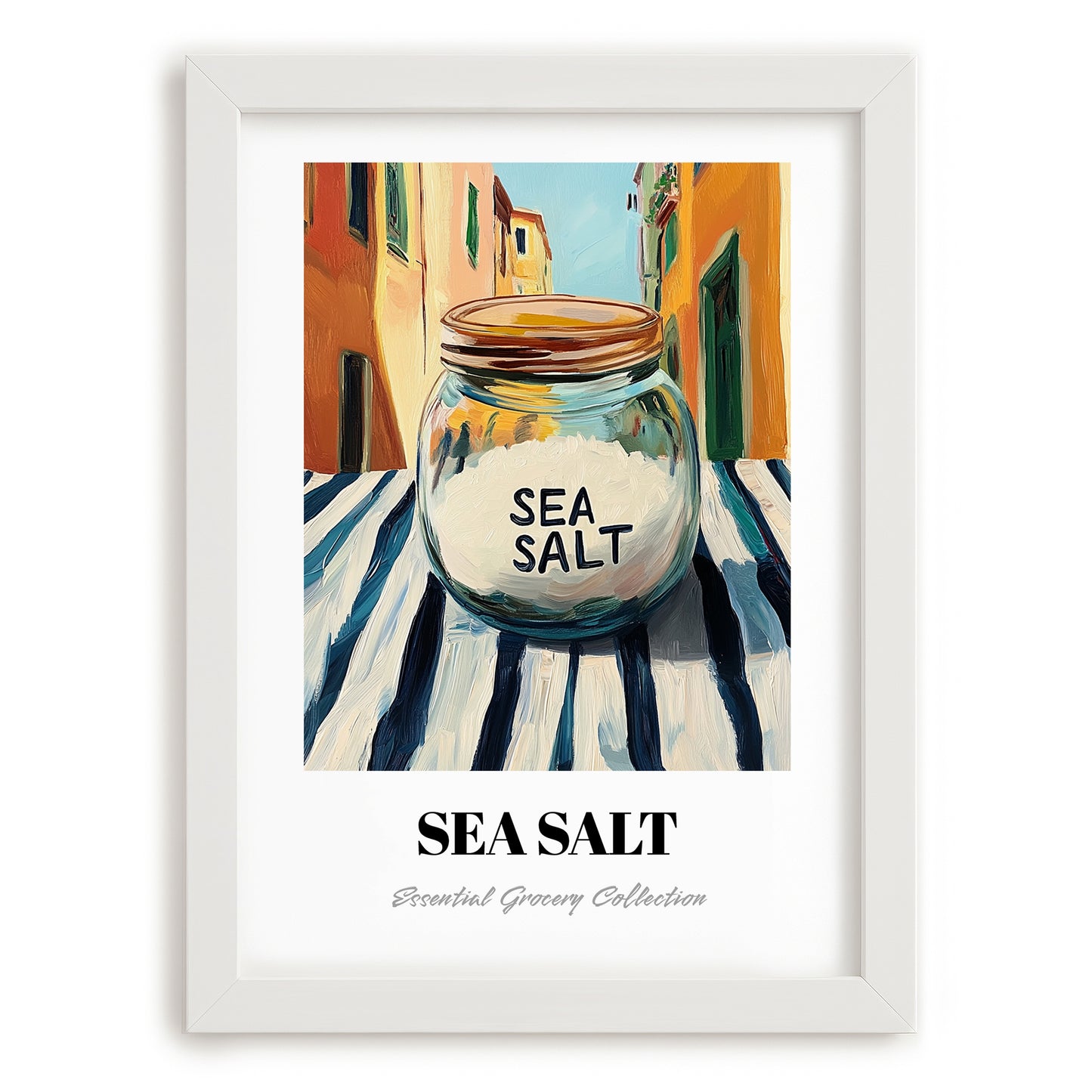 Sea Salt – Italian Café on the Corner, Spices Painting, placed in minimal white frame