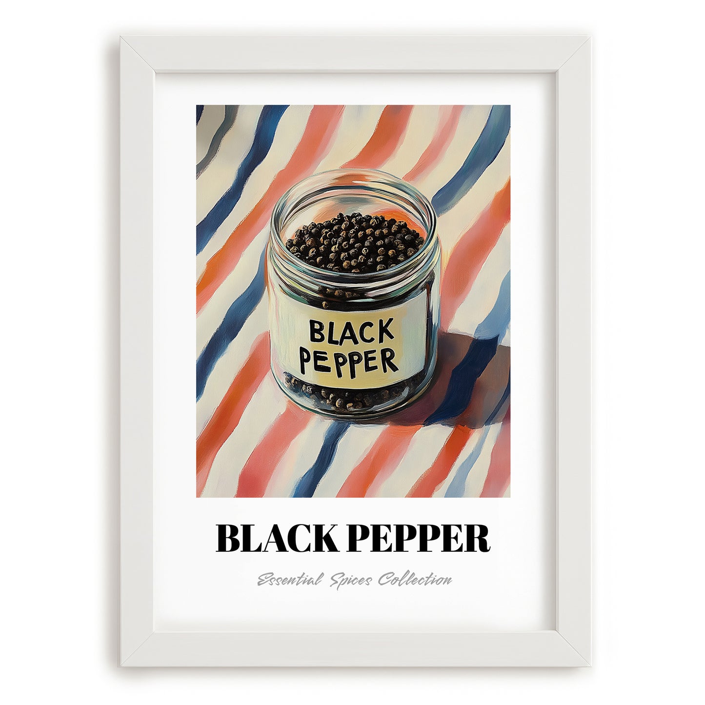 Black Pepper – on Striped Tablecloth, Spices Wall Decor, placed in minimal white frame