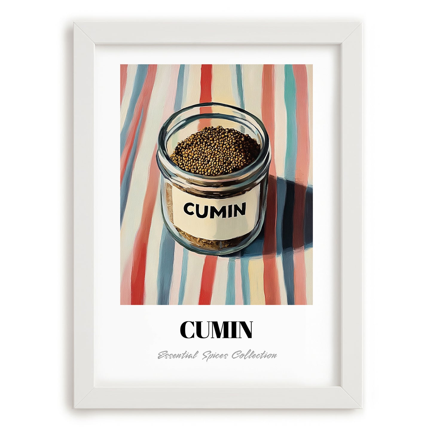 Cumin – on Striped Tablecloth, Spices Painting, placed in minimal white frame