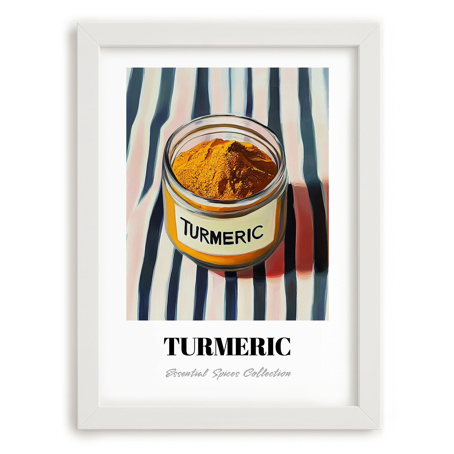 Turmeric – on Striped Tablecloth, Spices Illustration, placed in minimal white frame