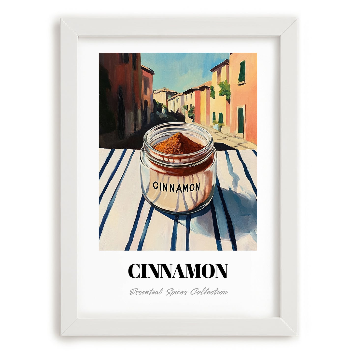Cinnamon – Italian Urban Café Scene, Spices Poster, placed in minimal white frame