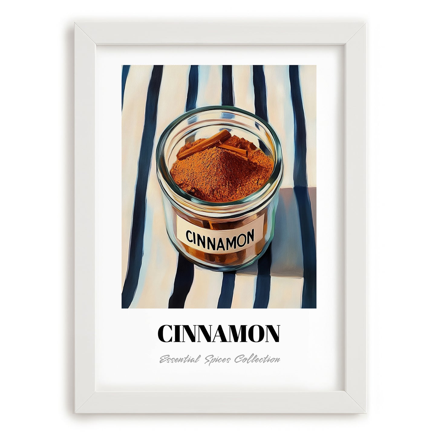 Cinnamon – on Striped Tablecloth, Spices Still Life, placed in minimal white frame