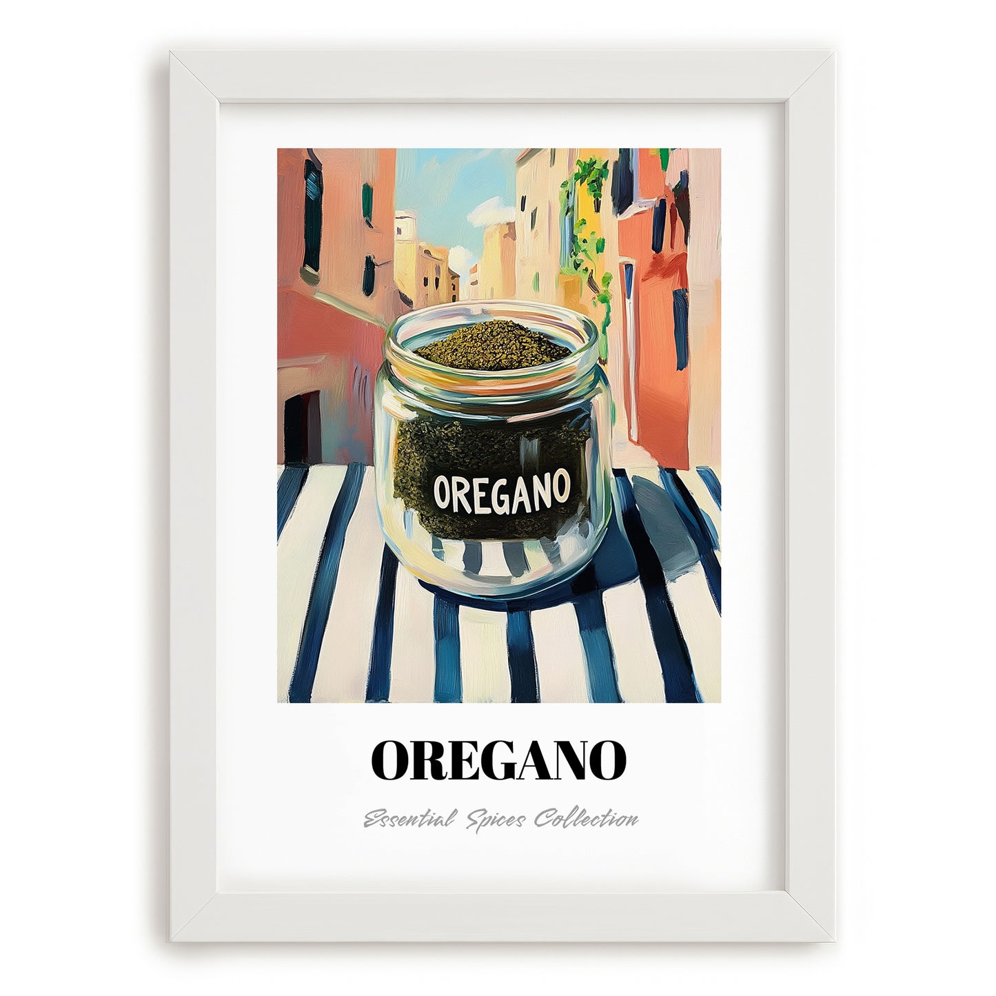 Oregano – Italian Outdoor Café Scene, Spices Still Life, placed in minimal white frame