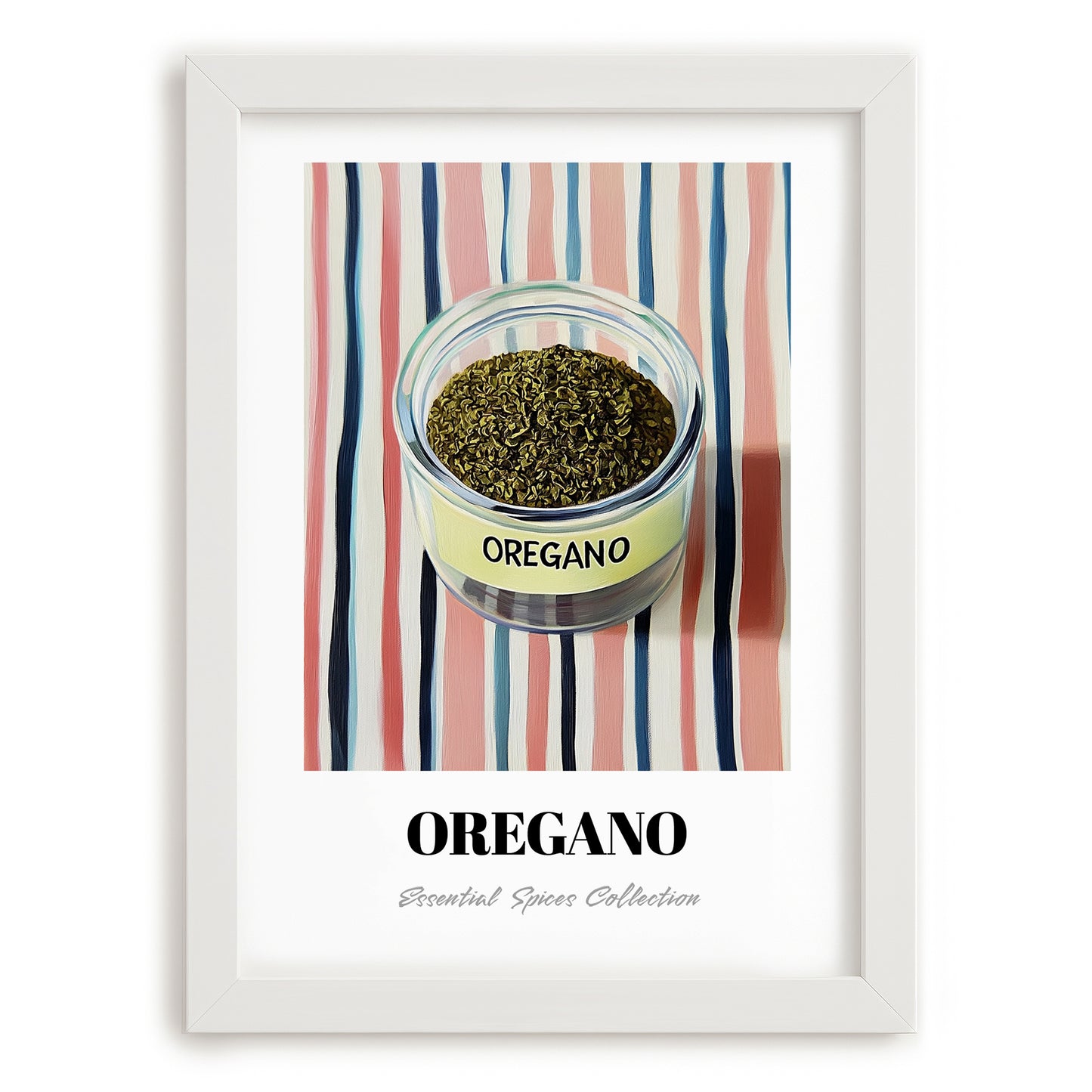 Oregano – on Striped Tablecloth, Spices Wall Decor, placed in minimal white frame