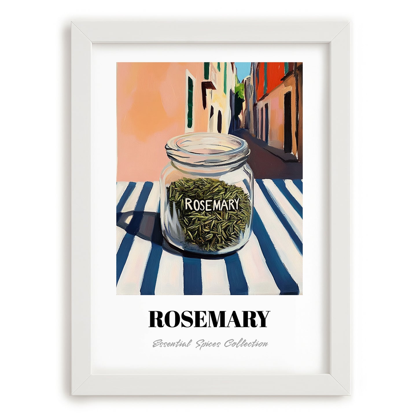Rosemary – Italian Outdoor Café Scene, Spices Wall Print, placed in minimal white frame