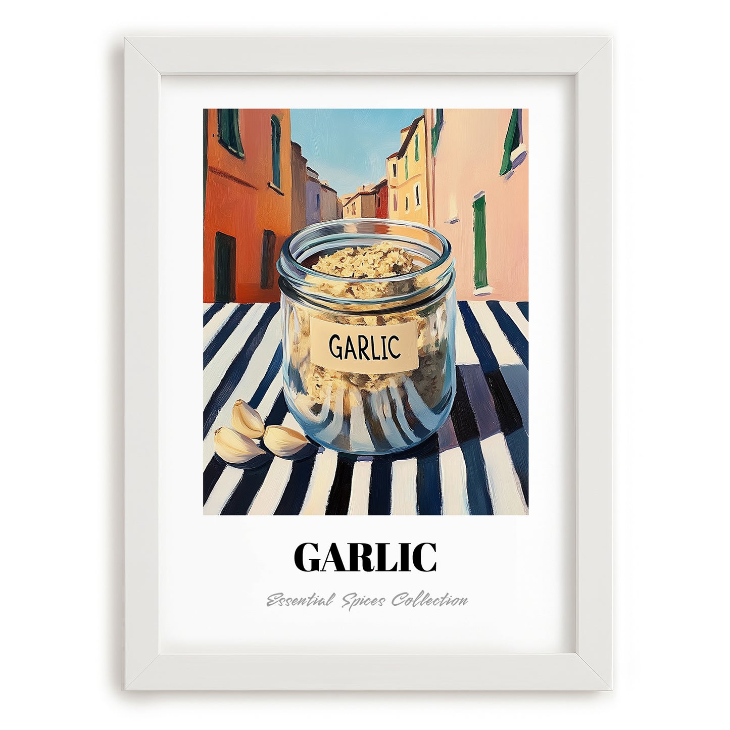 Garlic – Italian Outdoor Café Scene, Spices Still Life, placed in minimal white frame