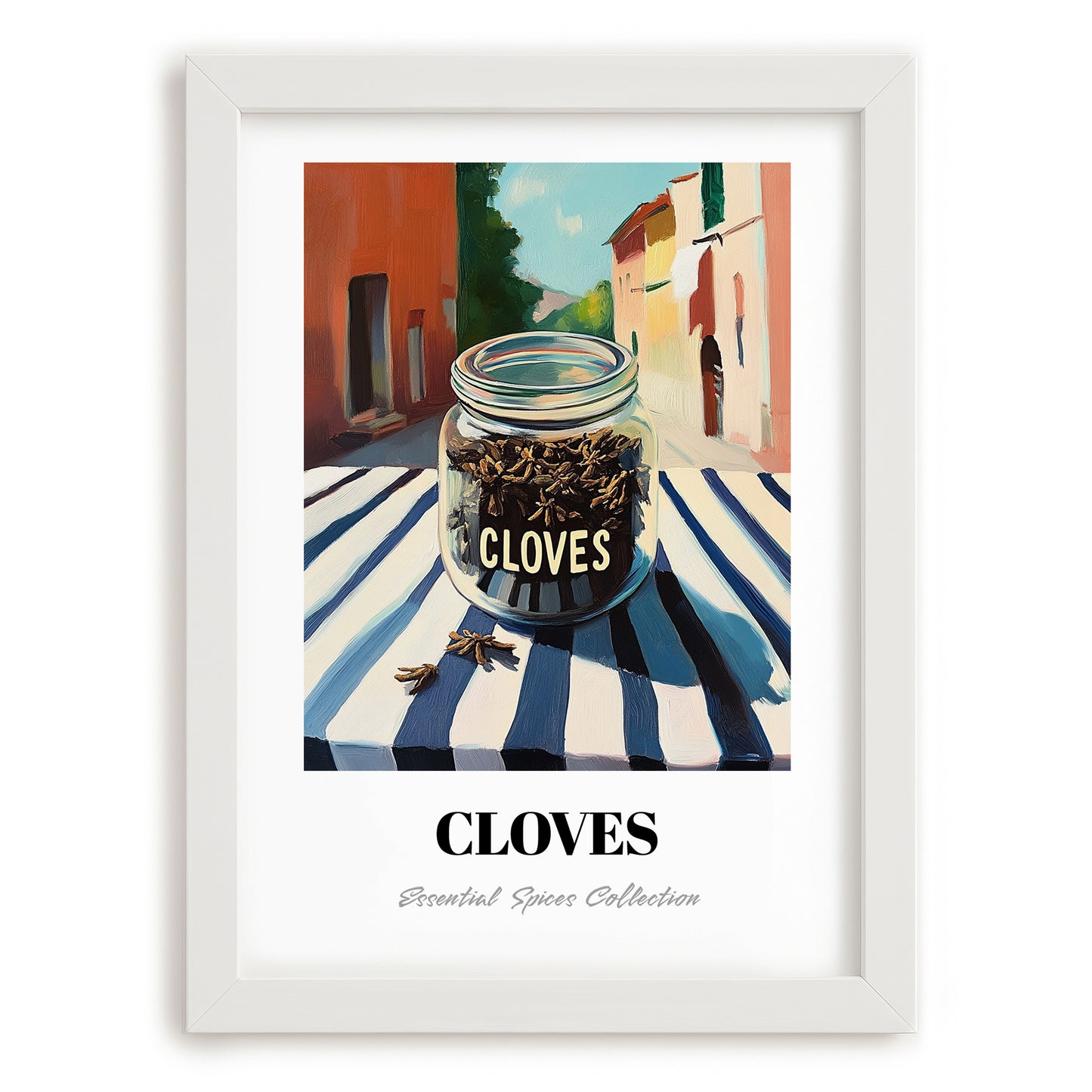 Cloves – Italian Urban Café Scene, Spices Wall Decor, placed in minimal white frame