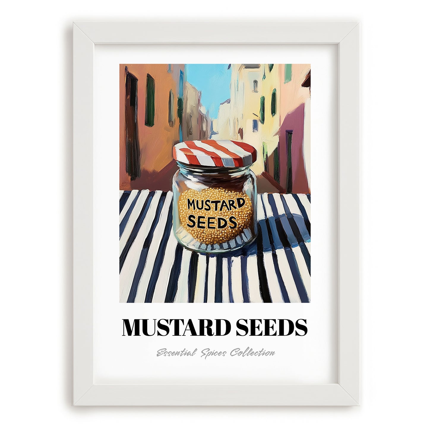 Mustard Seeds – Italian Outdoor Café Scene, Spices Wall Art, placed in minimal white frame
