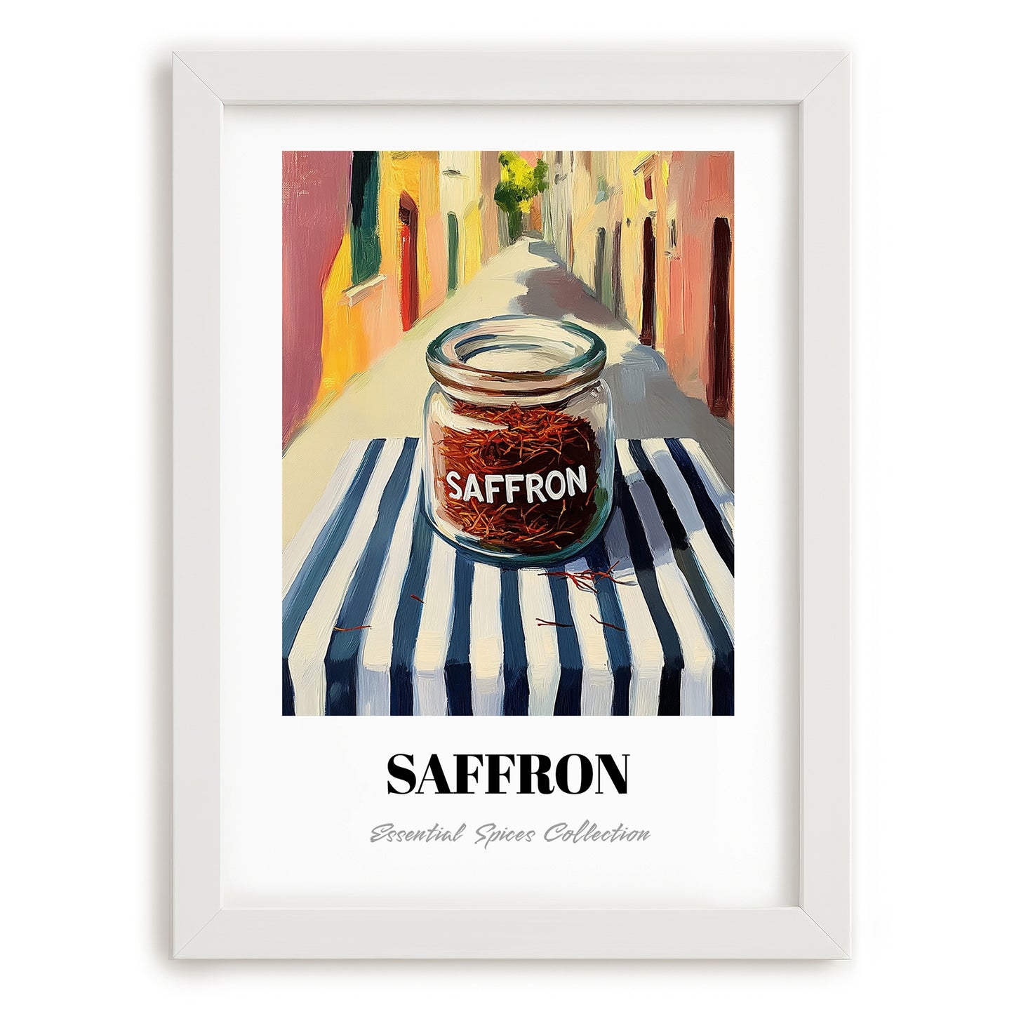 Saffron – Italian Street Café Scene, Spices Painting, placed in minimal white frame