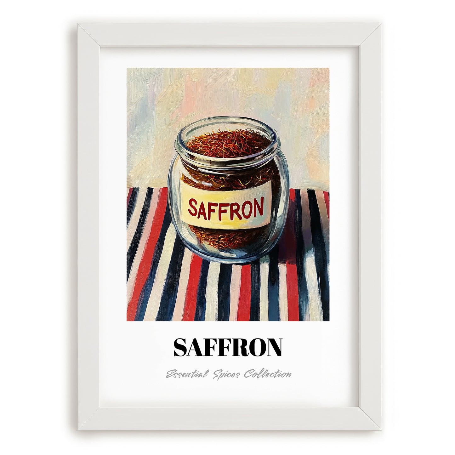 Saffron – on Striped Tablecloth, Spices Still Life, placed in minimal white frame