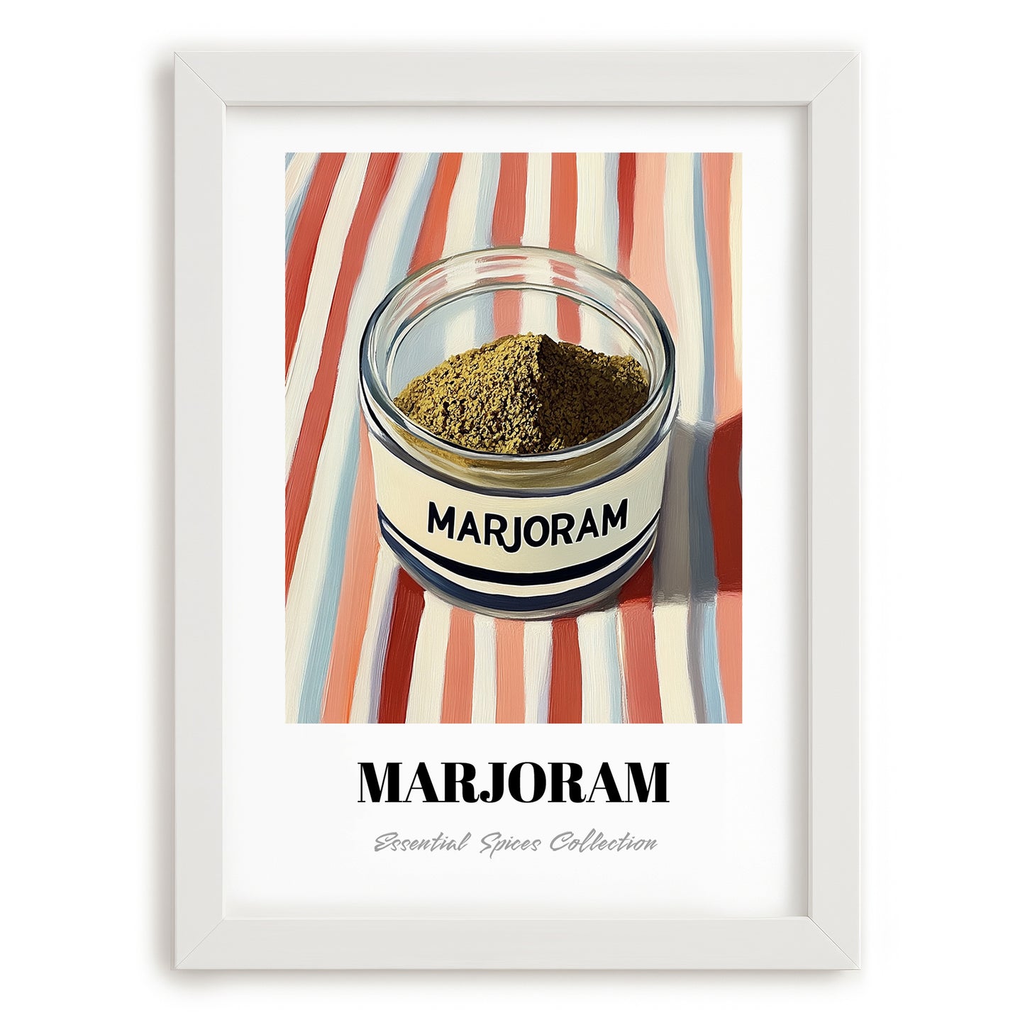 Marjoram – on Striped Tablecloth, Spices Wall Decor, placed in minimal white frame