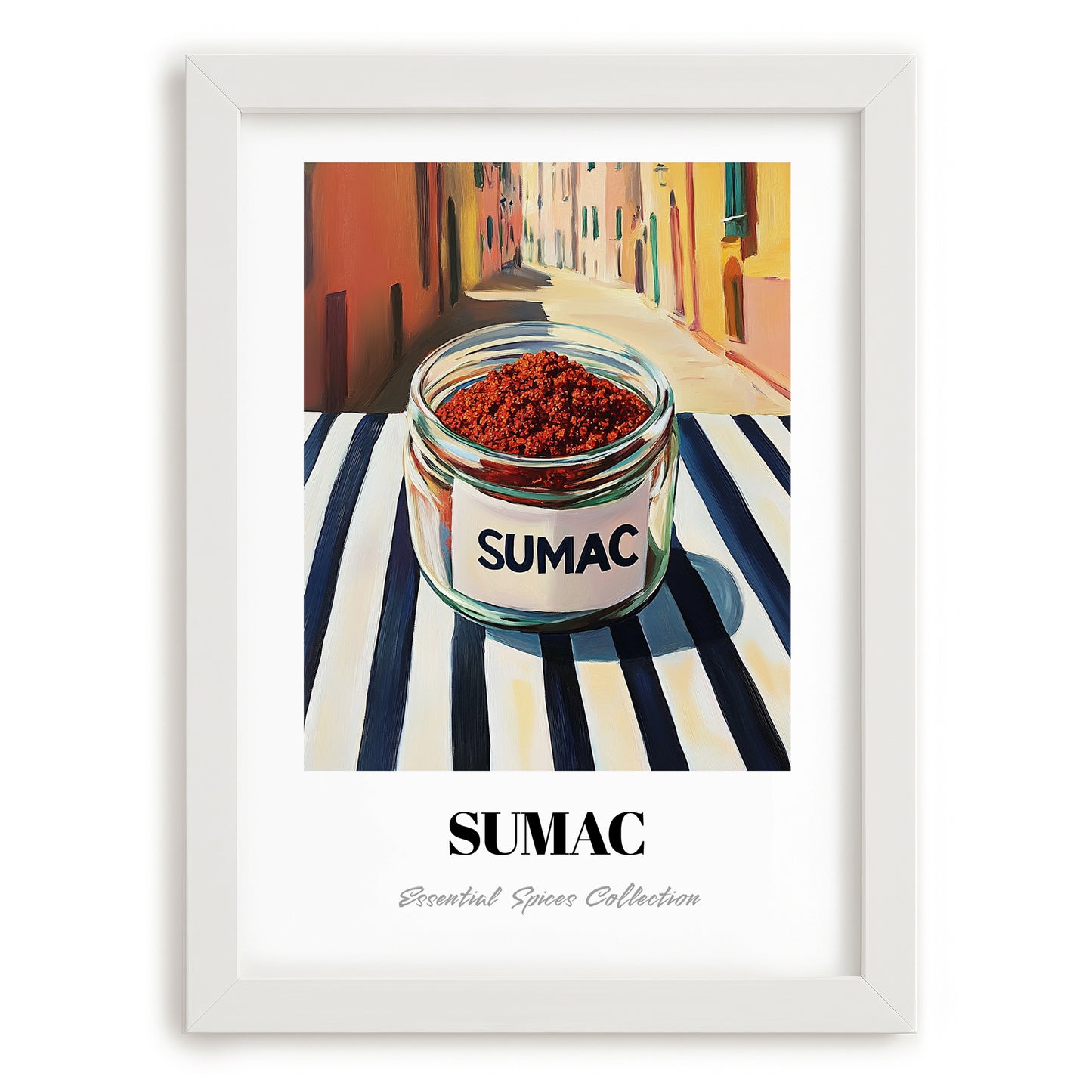 Sumac – Italian Café on the Corner, Spices Still Life, placed in minimal white frame