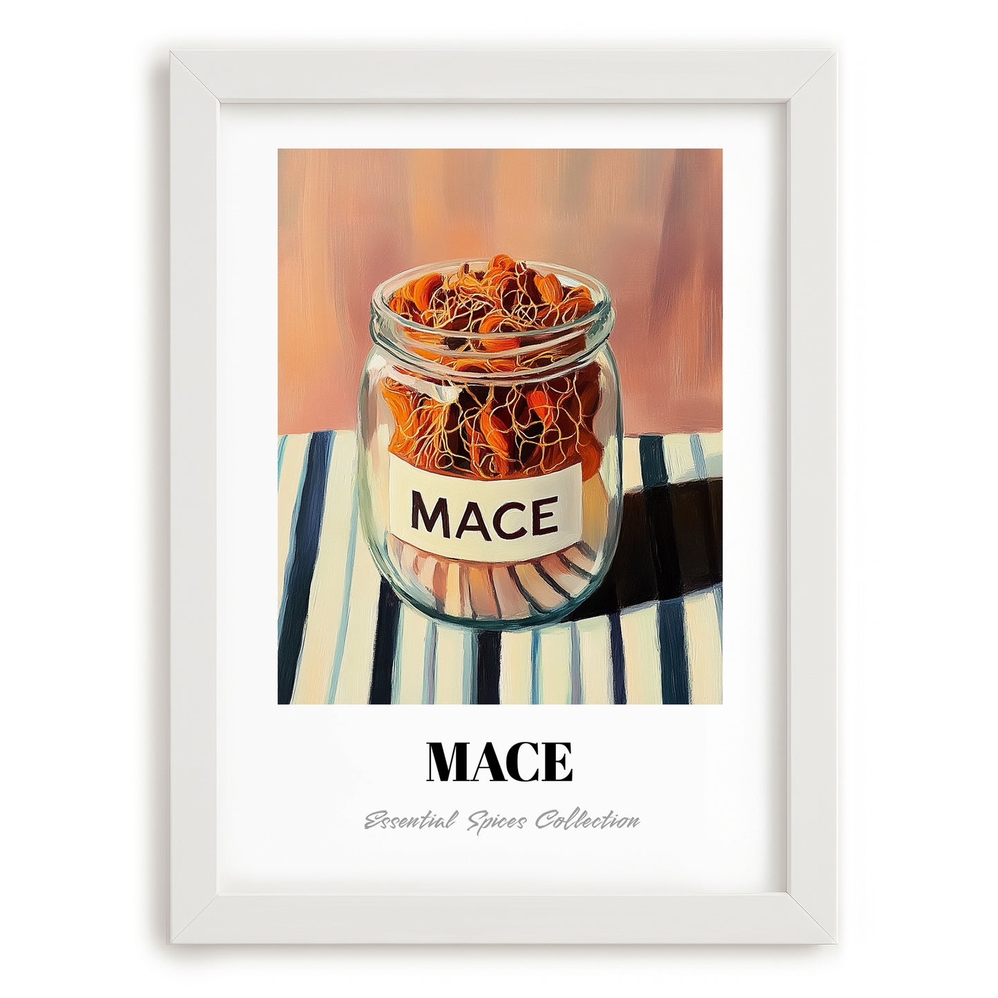 Mace – on Striped Tablecloth, Spices Print, placed in minimal white frame