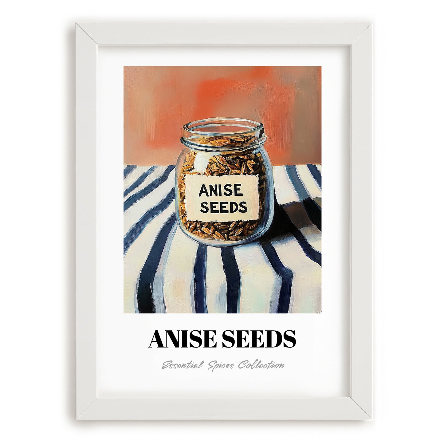 Anise Seeds – on Striped Tablecloth, Spices Still Life, placed in minimal white frame