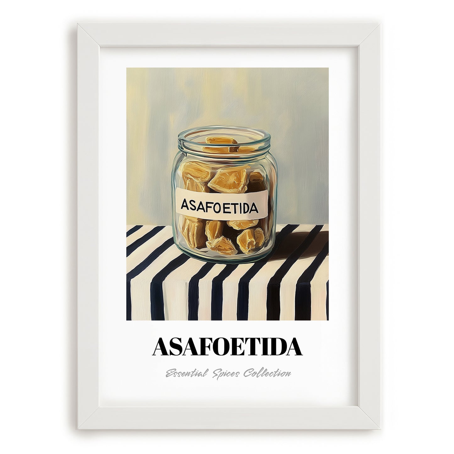 Asafoetida – on Striped Tablecloth, Spices Still Life, placed in minimal white frame