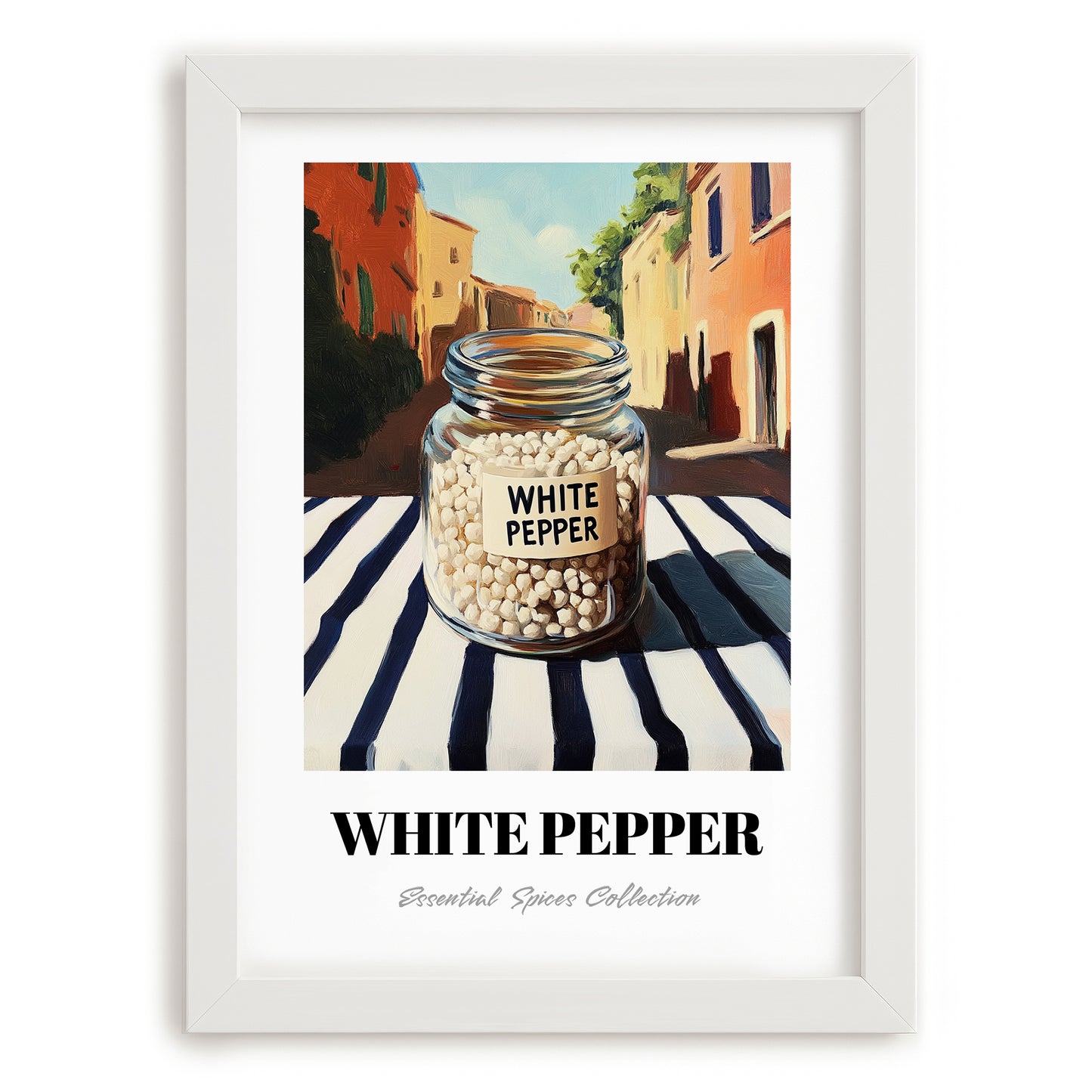 White Pepper – Italian Café on the Corner, Spices Illustration, placed in minimal white frame