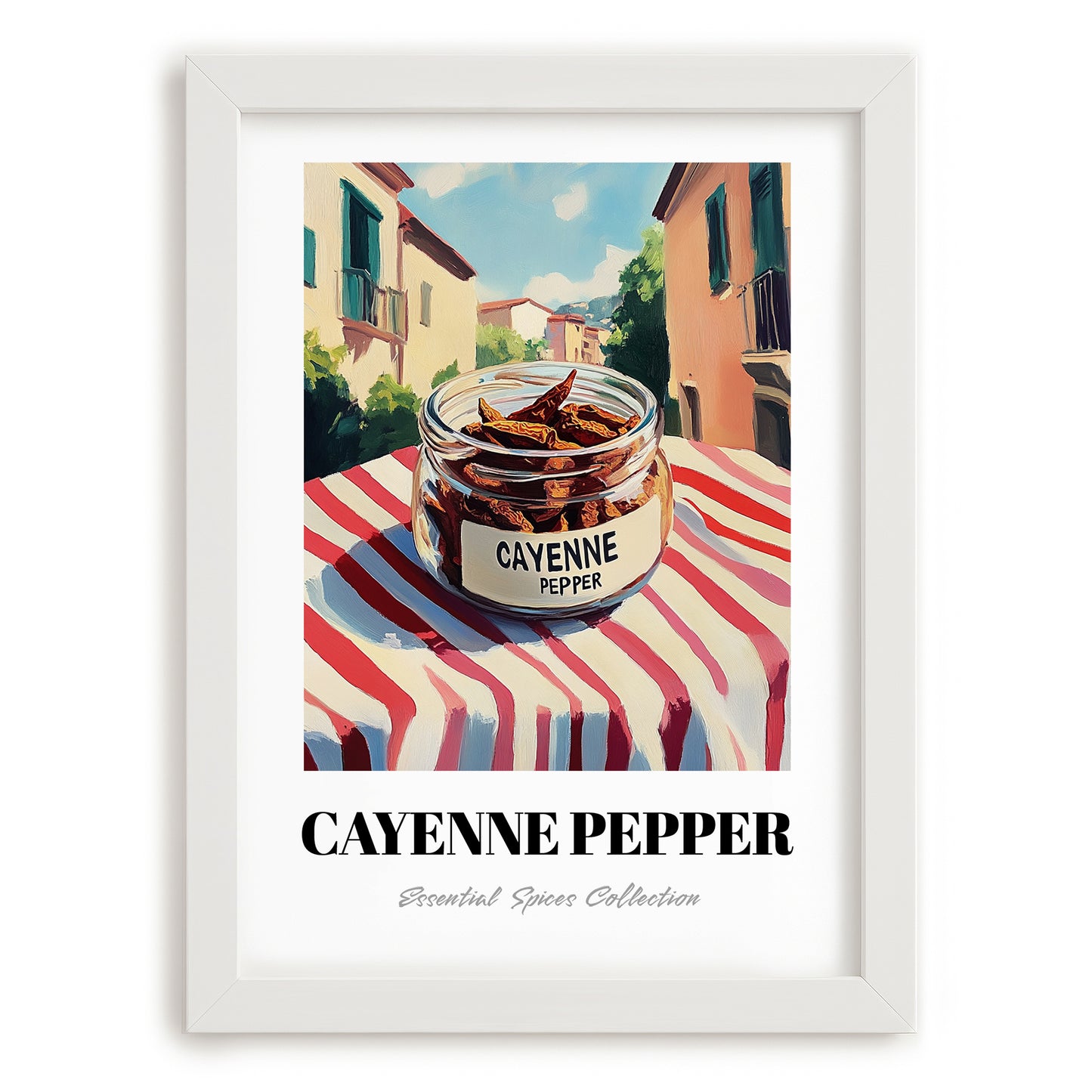 Cayenne Pepper – Italian Café on the Corner, Spices Still Life, placed in minimal white frame