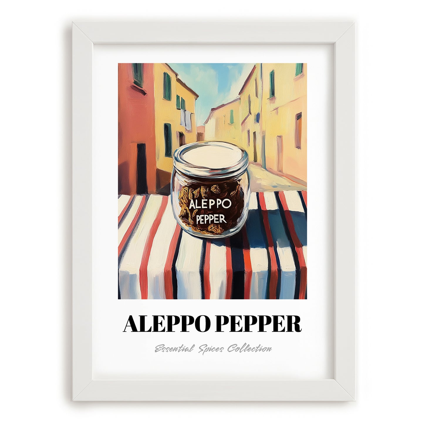 Aleppo Pepper – Italian Café on the Corner, Spices Still Life, placed in minimal white frame