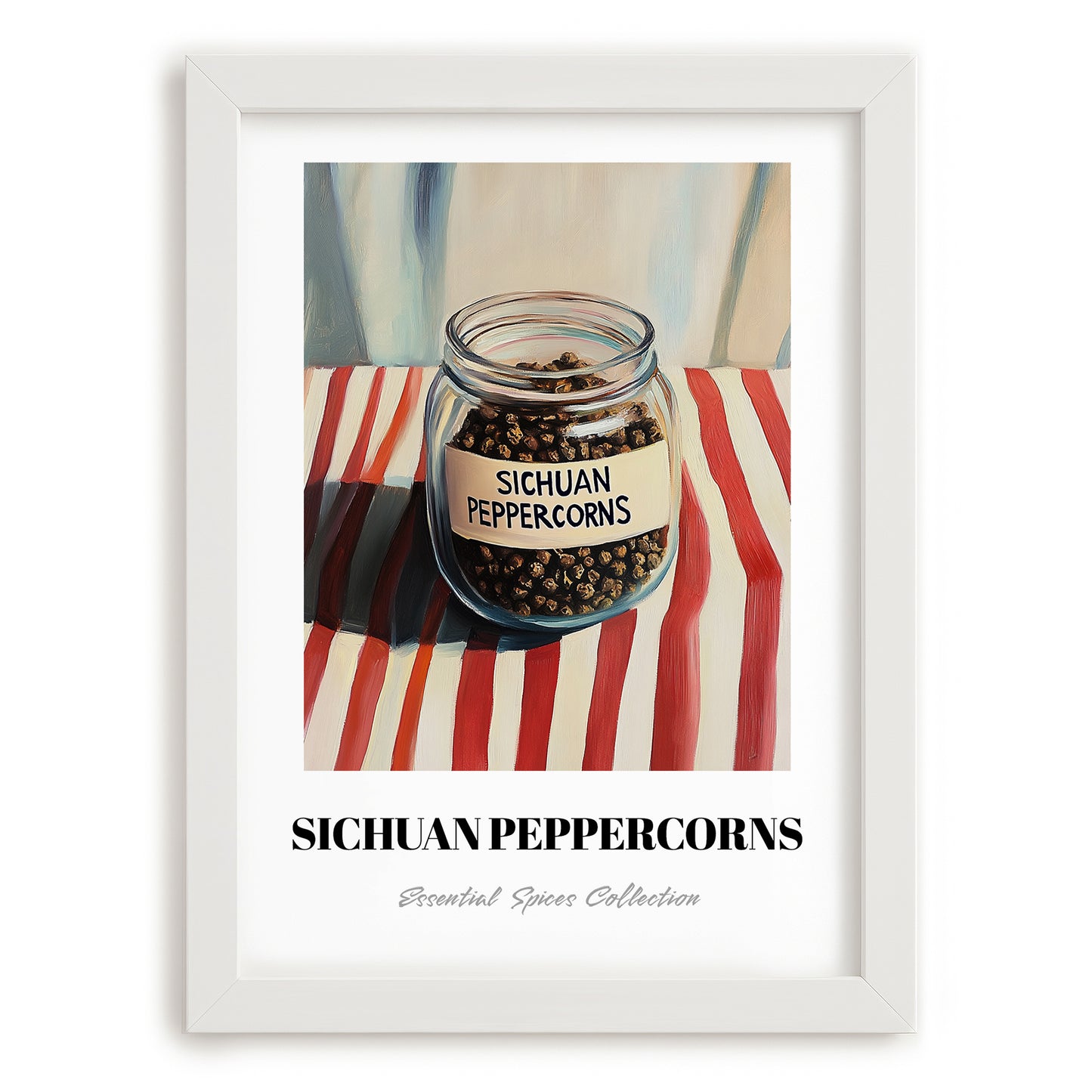 Sichuan Peppercorns – on Striped Tablecloth, Spices Wall Art, placed in minimal white frame