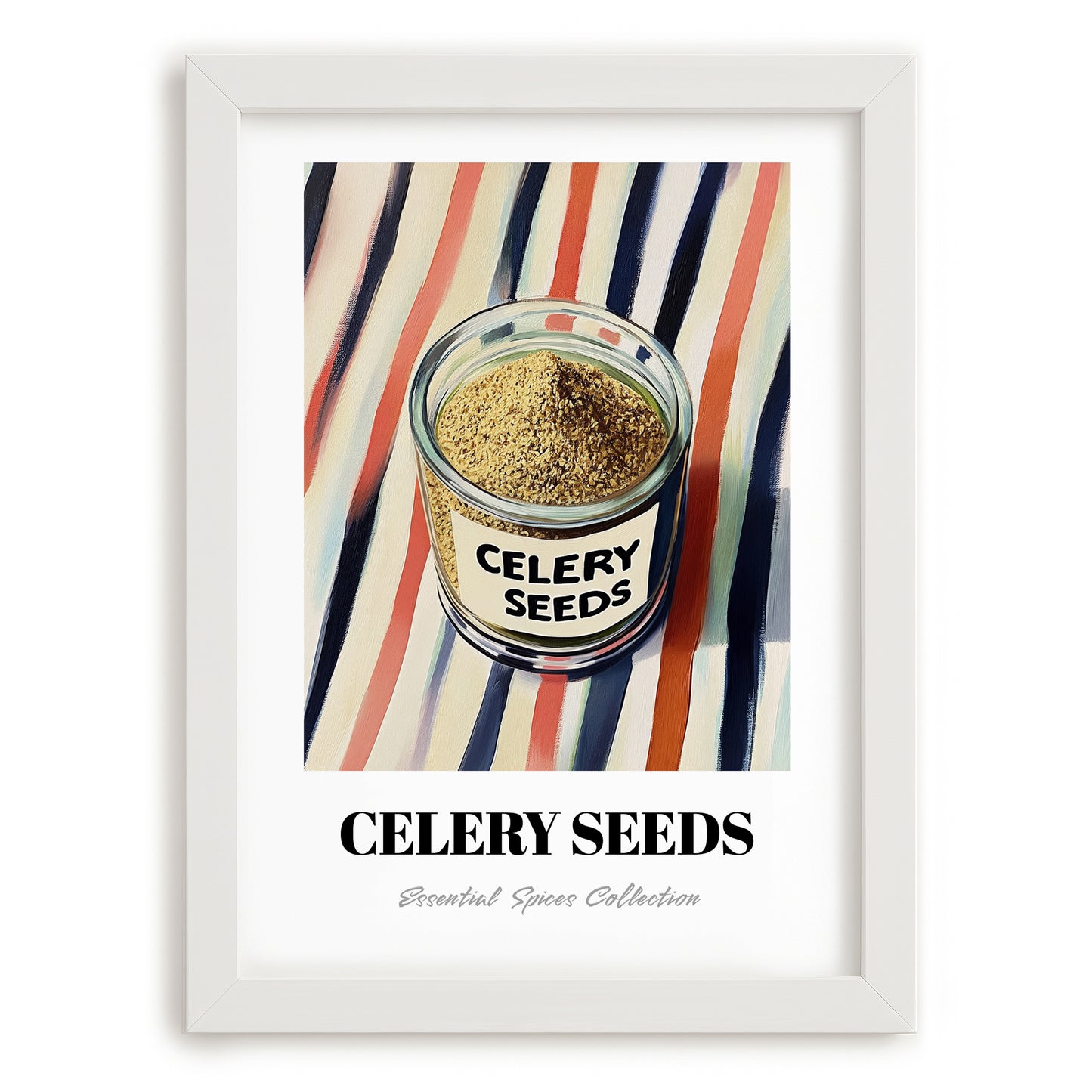 Celery Seeds – on Striped Tablecloth, Spices Poster, placed in minimal white frame