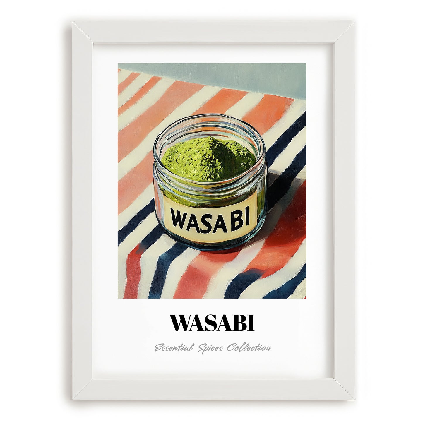 Wasabi – on Striped Tablecloth, Spices Illustration, placed in minimal white frame