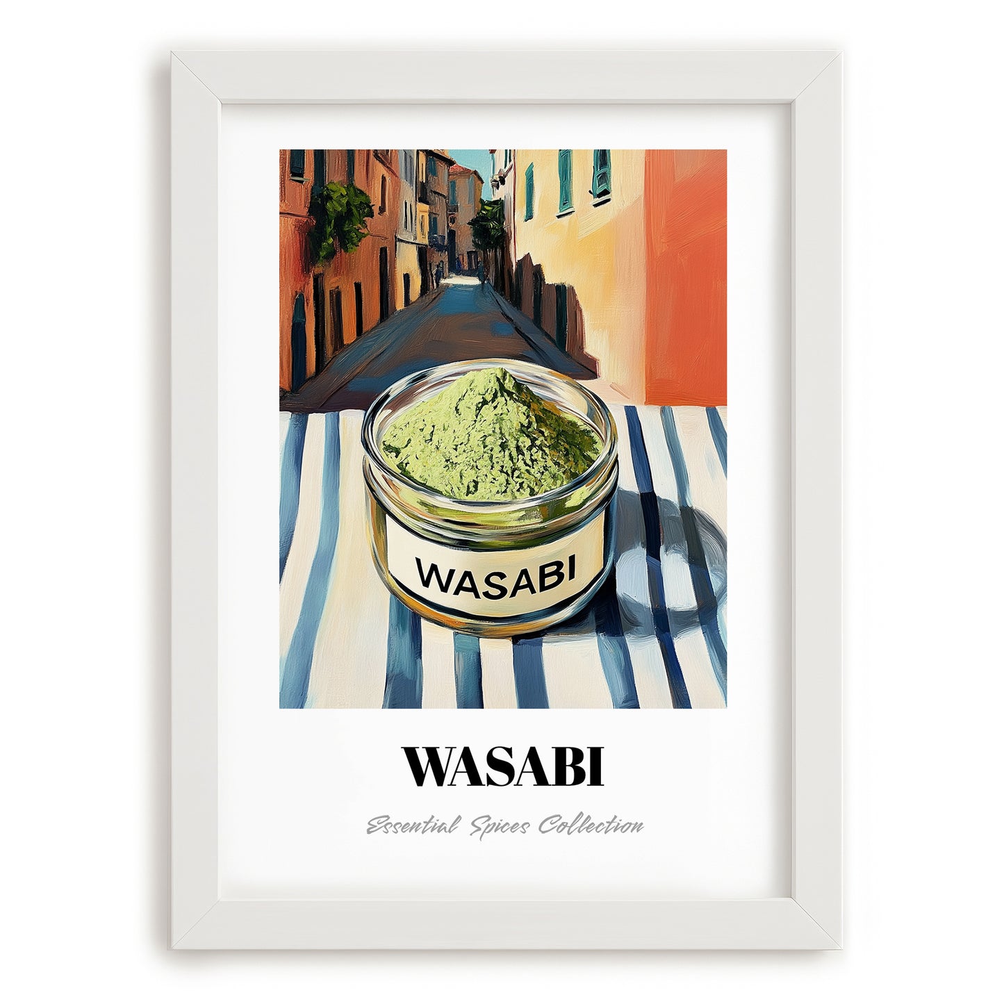 Wasabi – Italian Street Café Scene, Spices Print, placed in minimal white frame