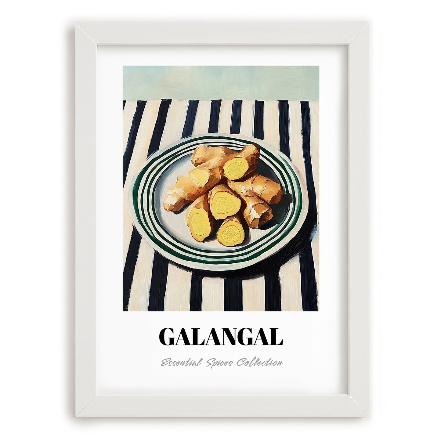 Galangal – on Striped Tablecloth, Spices Still Life, placed in minimal white frame