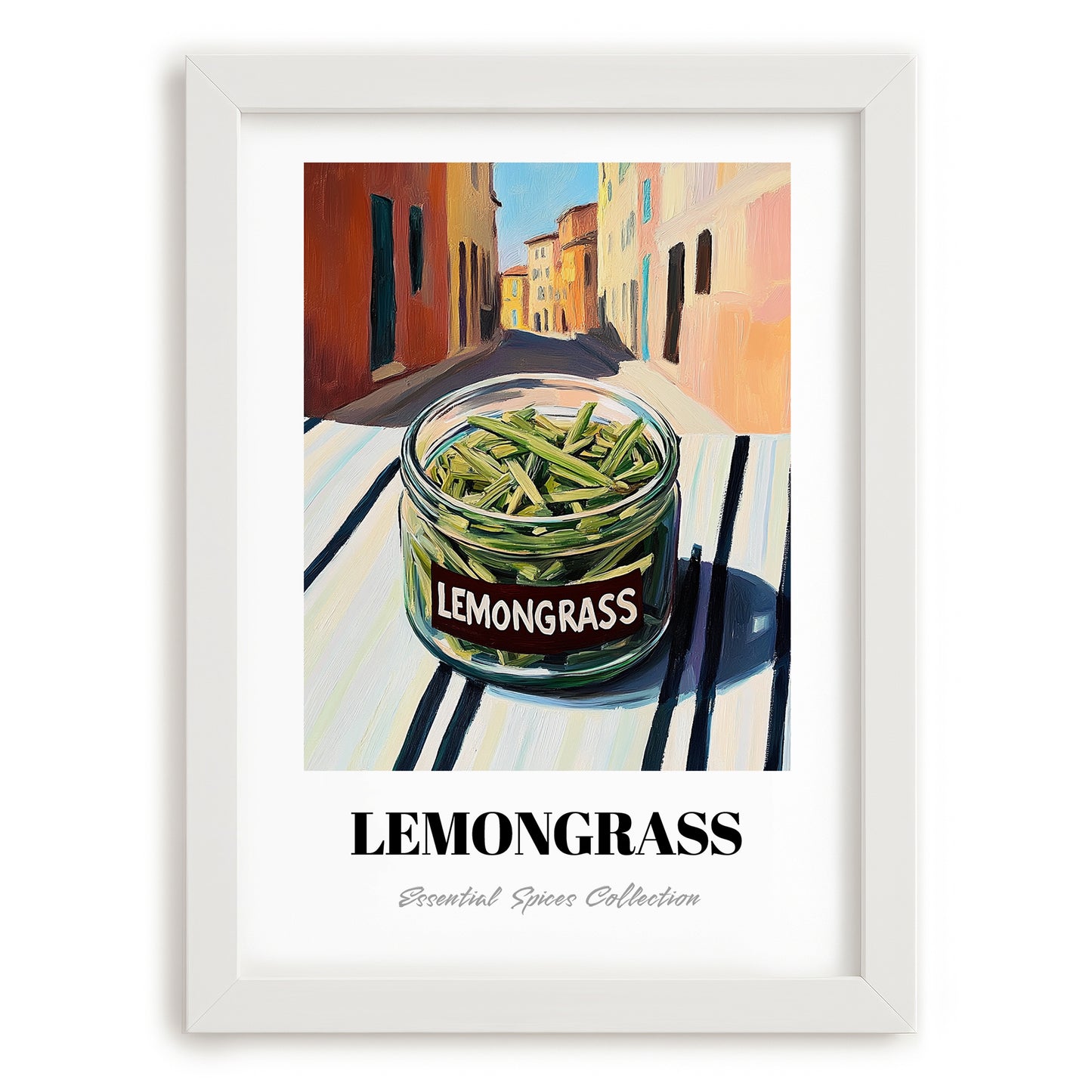 Lemongrass – Italian Street Café Scene, Spices Wall Illustration, placed in minimal white frame