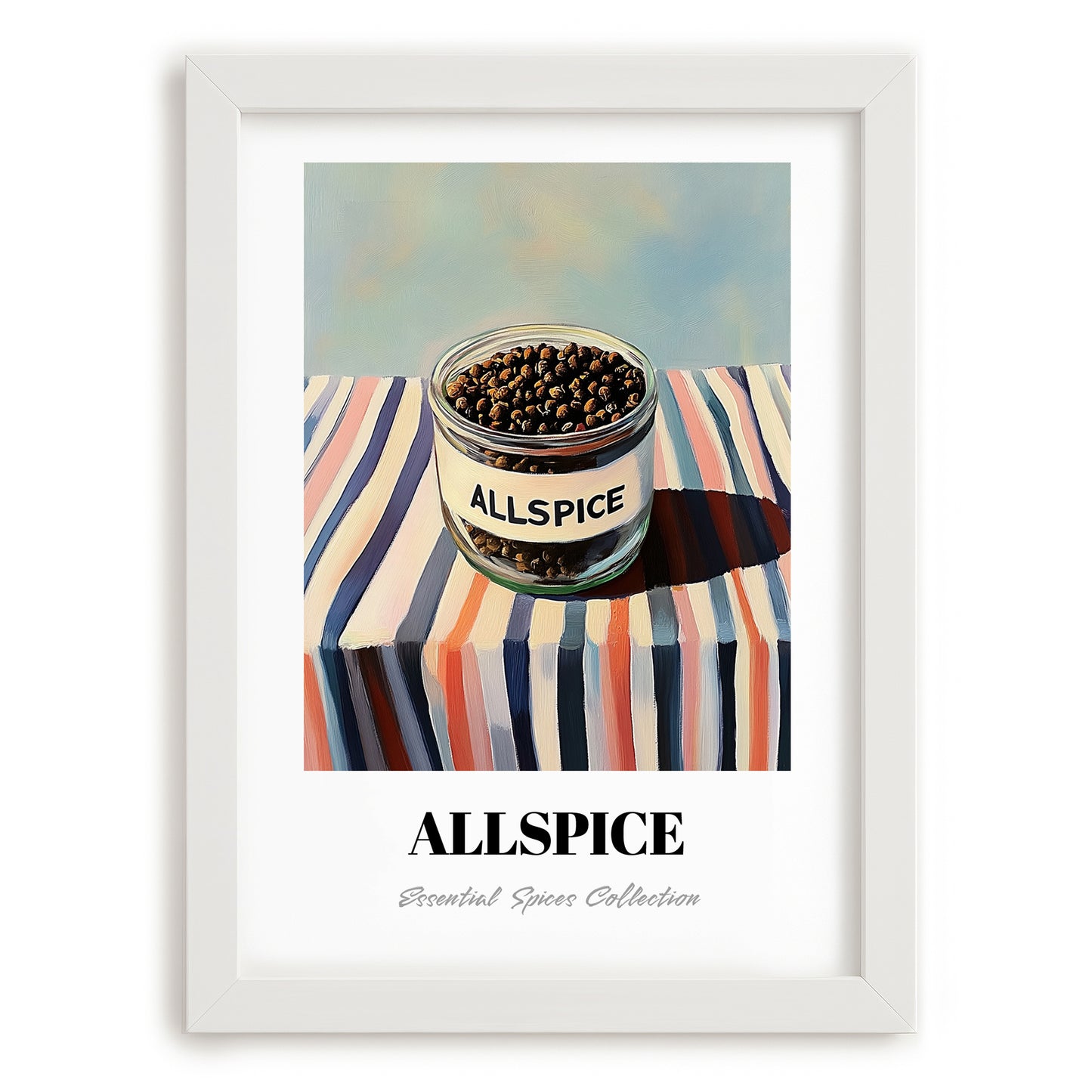Allspice – on Striped Tablecloth, Spices Painting, placed in minimal white frame