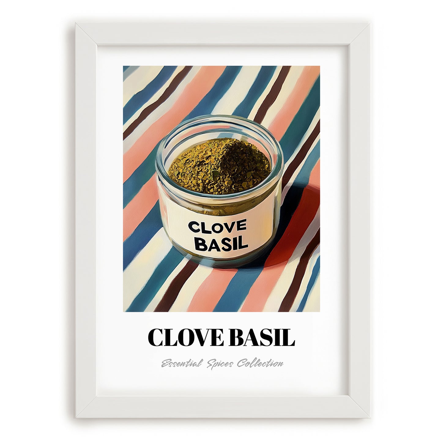 Clove Basil – on Striped Tablecloth, Spices Poster, placed in minimal white frame