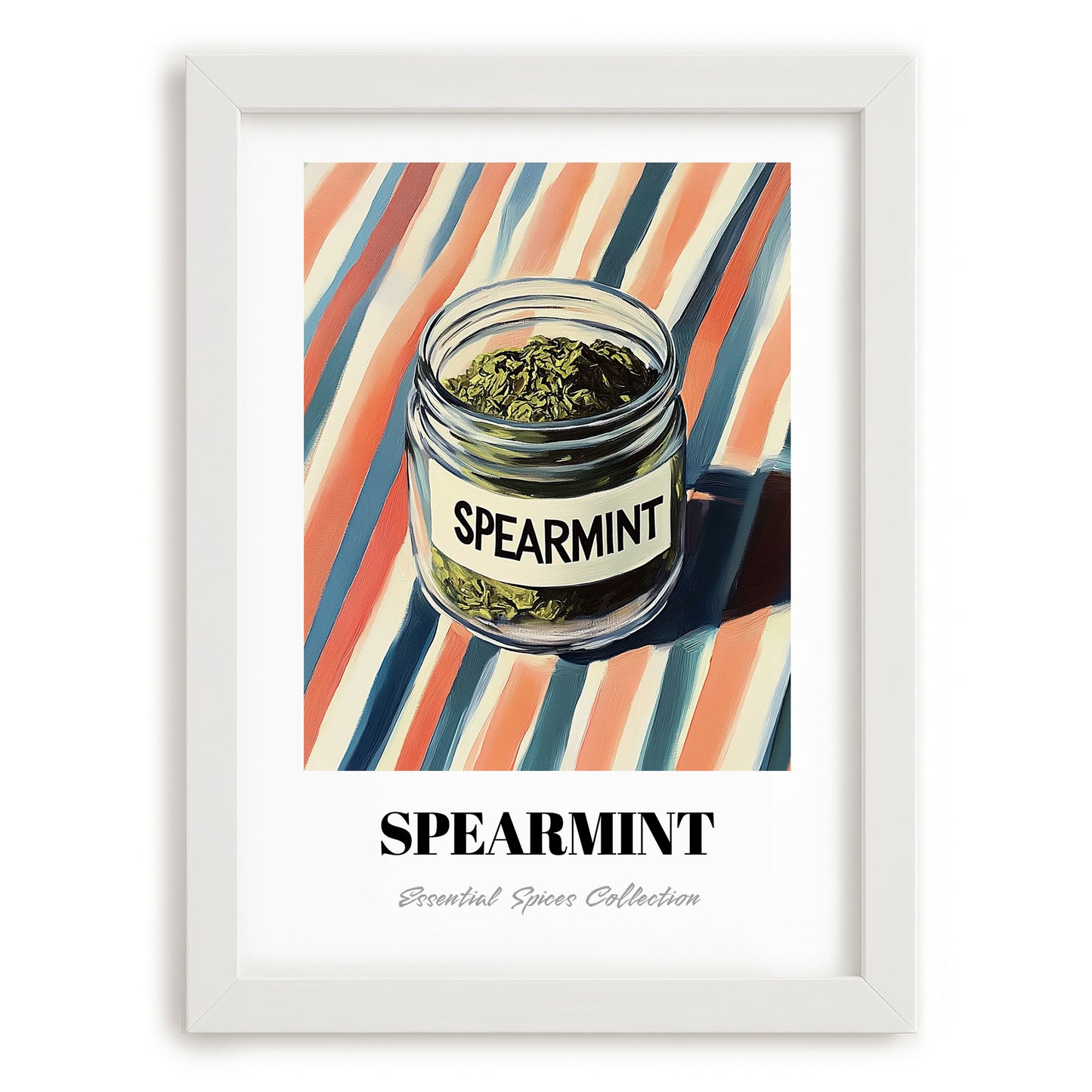Spearmint – on Striped Tablecloth, Spices Print, placed in minimal white frame