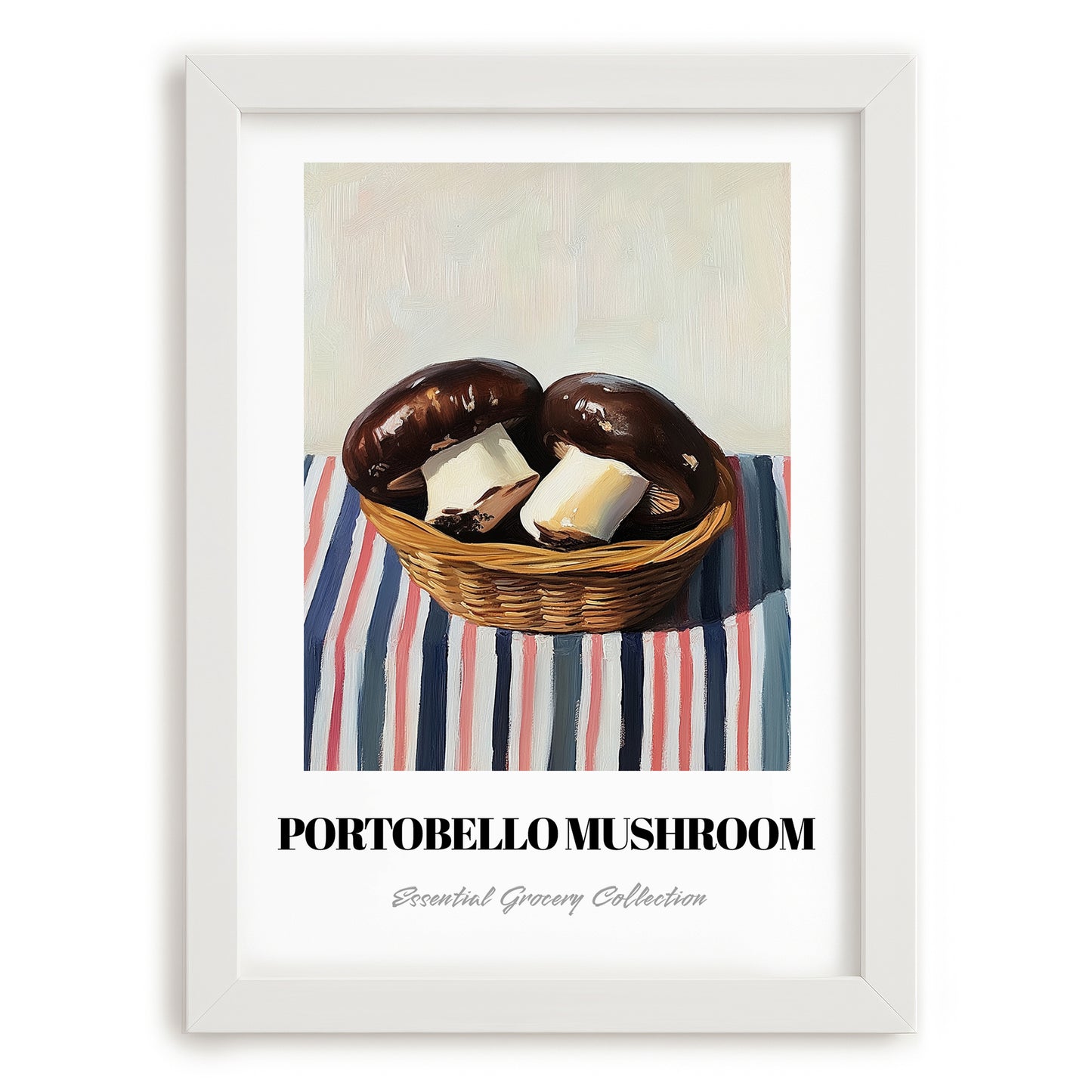 Portobello Mushroom – on Striped Tablecloth, Mushrooms Painting, placed in minimal white frame