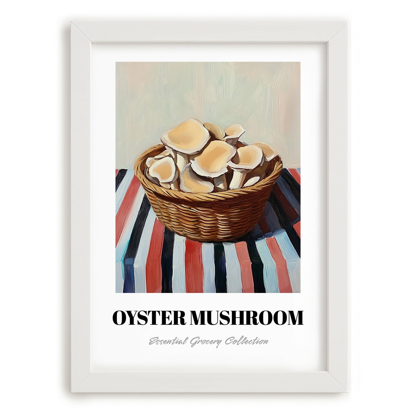 Oyster Mushroom – on Striped Tablecloth, Mushrooms Art, placed in minimal white frame