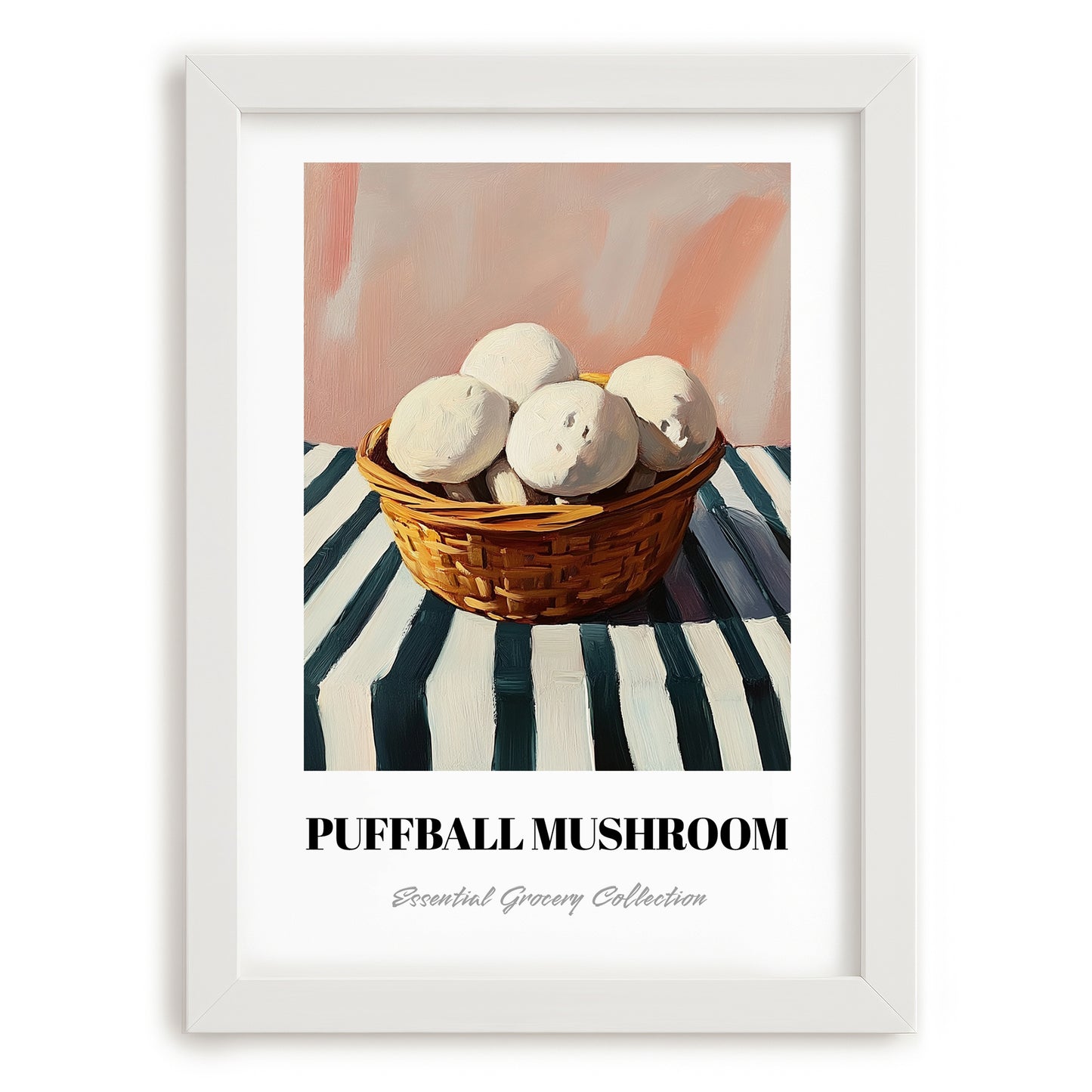 Puffball Mushroom – on Striped Tablecloth, Mushrooms Illustration, placed in minimal white frame