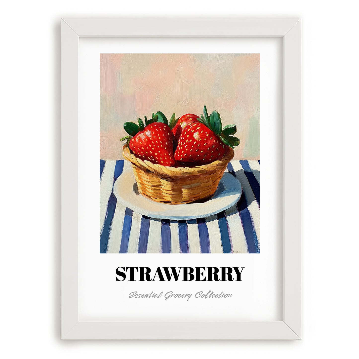 Strawberry – on Striped Tablecloth, Berries Wall Decor, placed in minimal white frame