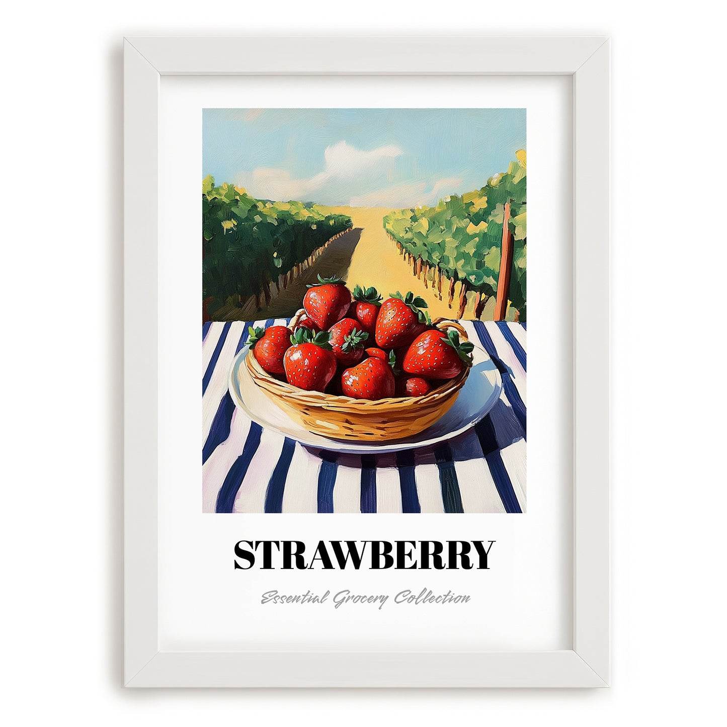 Strawberry – Green Valley Landscape, Berries Wall Decor, placed in minimal white frame