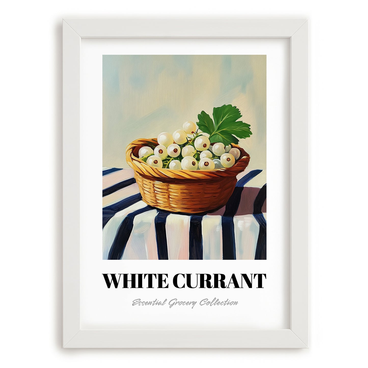 White Currant – on Striped Tablecloth, Berries Painting, placed in minimal white frame