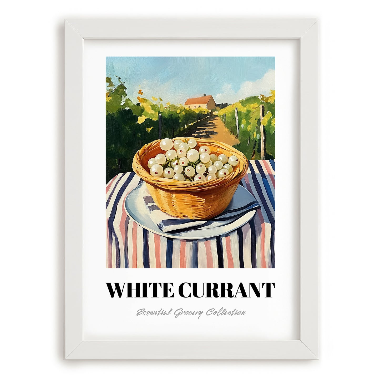White Currant – Green Valley Landscape, Berries Art, placed in minimal white frame