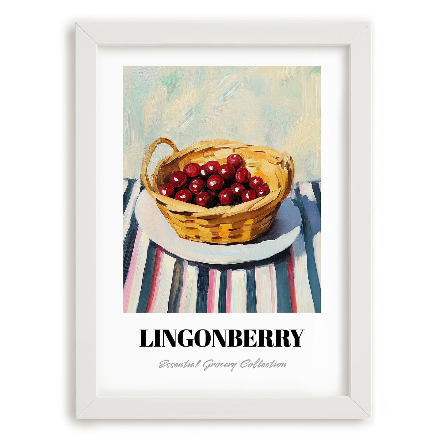 Lingonberry – on Striped Tablecloth, Berries Art, placed in minimal white frame
