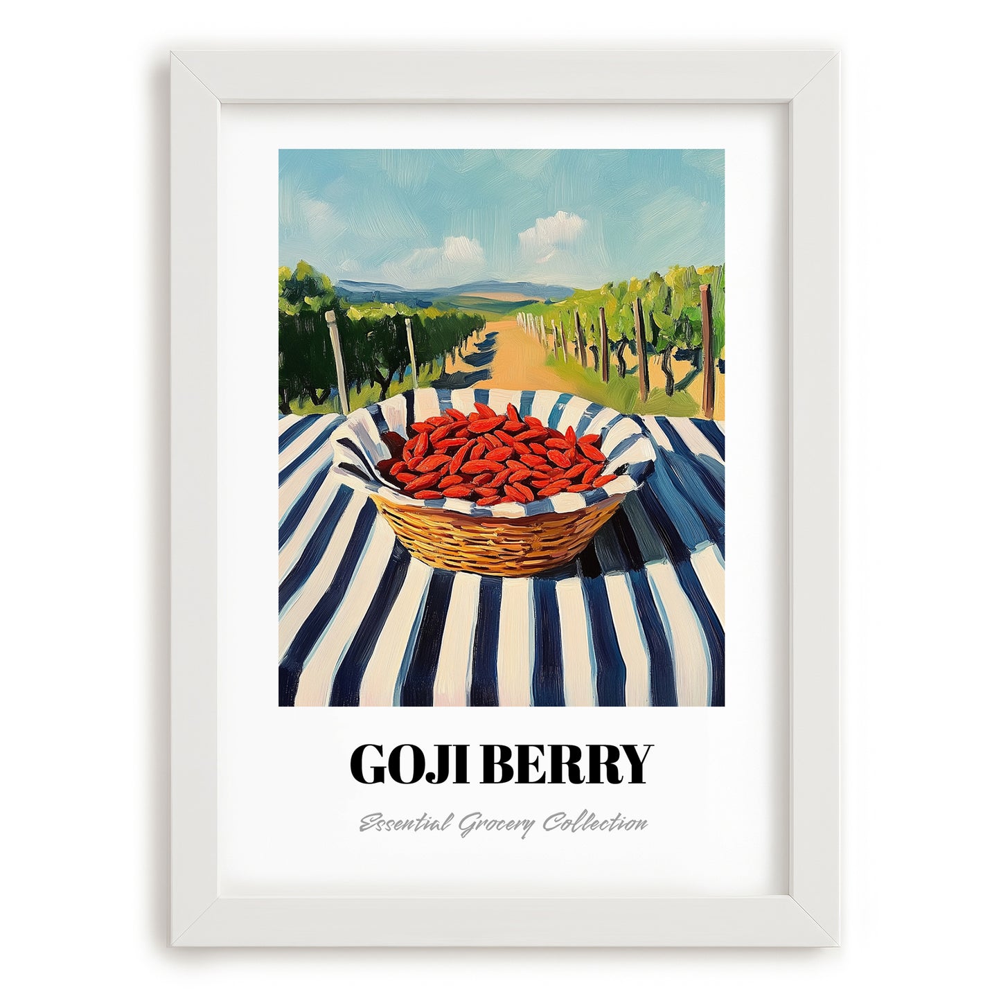 Goji – Green Valley Landscape, Berries Wall Art, placed in minimal white frame