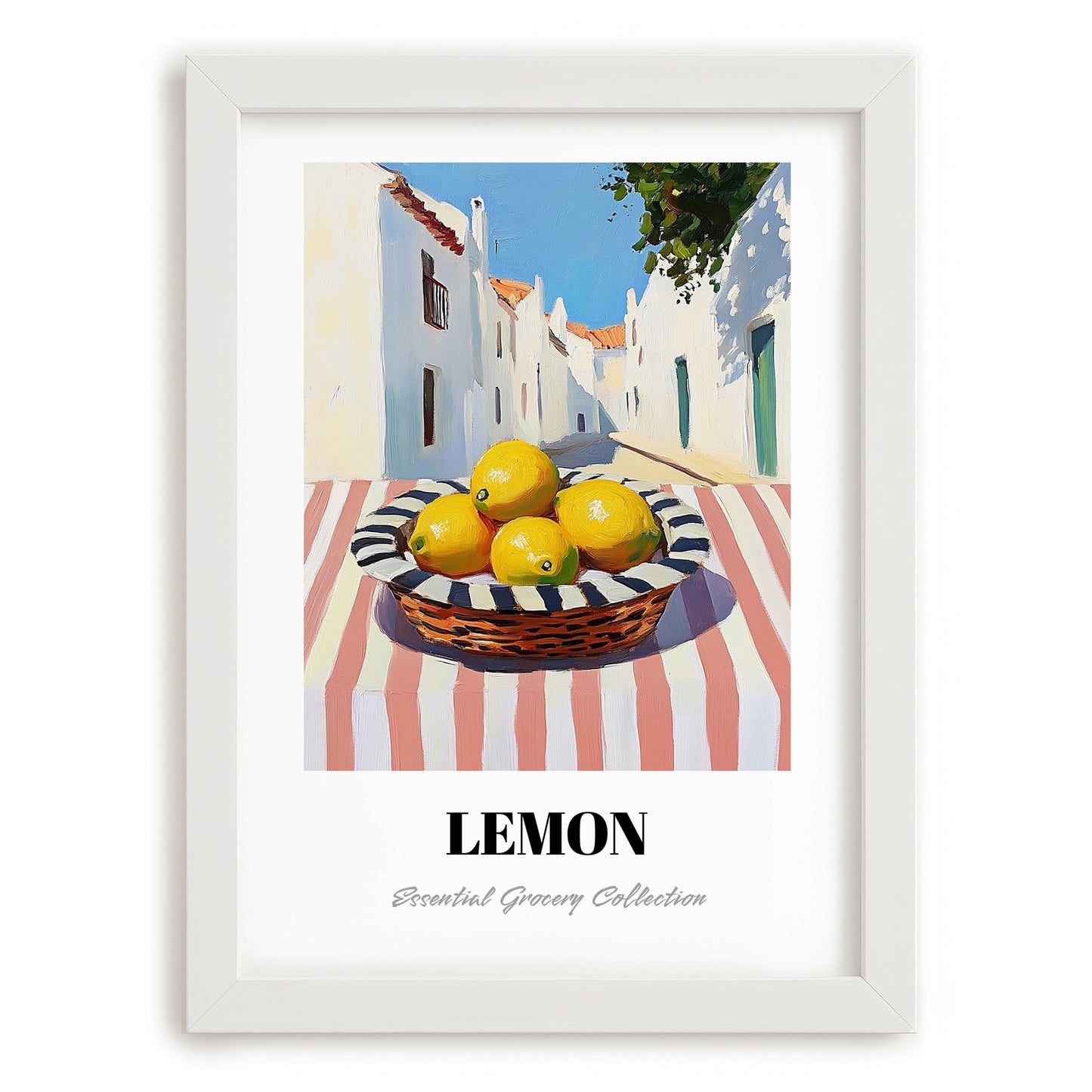 Lemon – White village Street Café Scene, Fruit Wall Decor, placed in minimal white frame