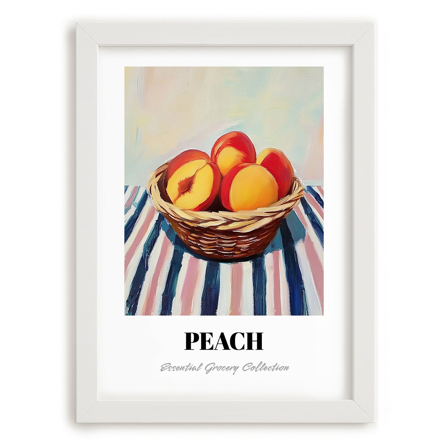 Peach – on Striped Tablecloth, Fruit Still Life, placed in minimal white frame
