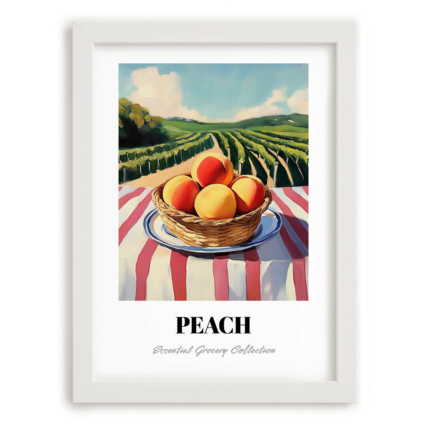 Peach – Valley Café Scene, Fruit Wall Decor, placed in minimal white frame