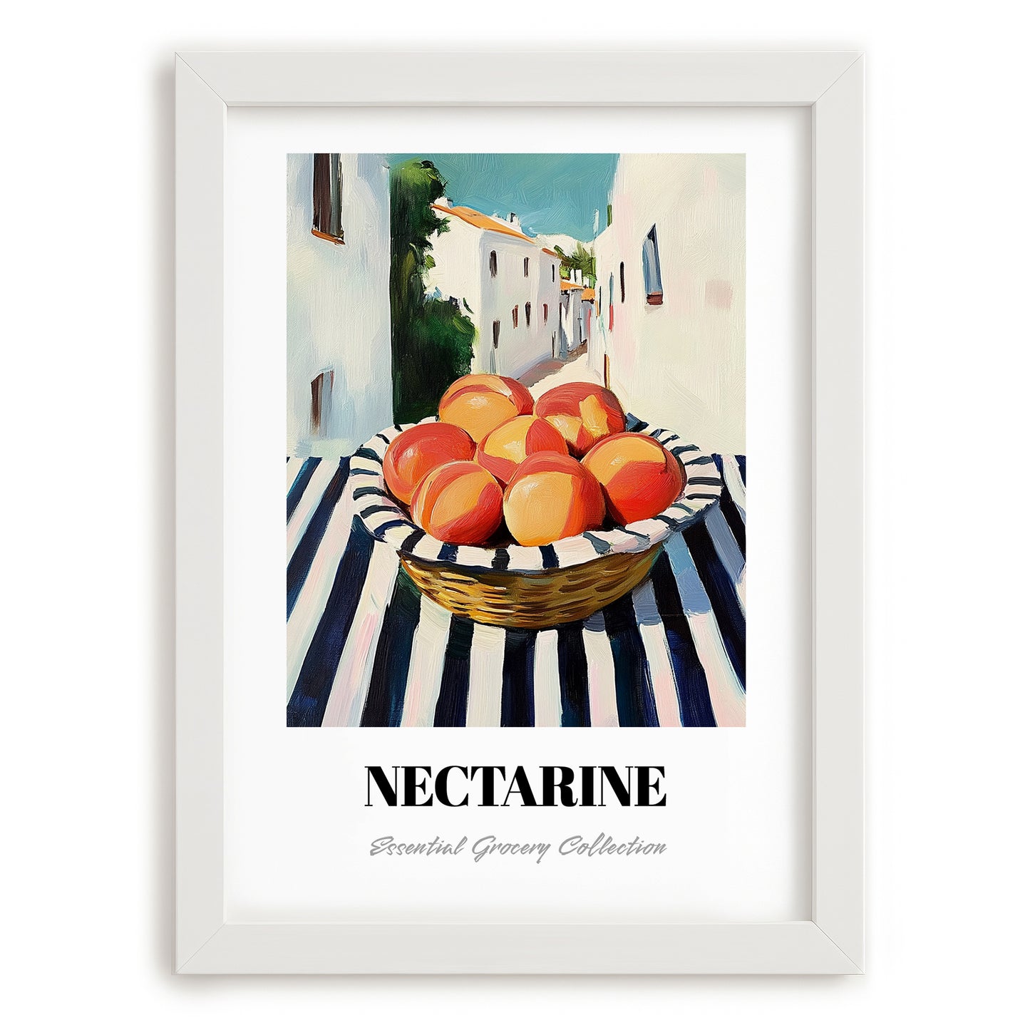 Nectarine – White village Urban Café Scene, Fruit Still Life, placed in minimal white frame